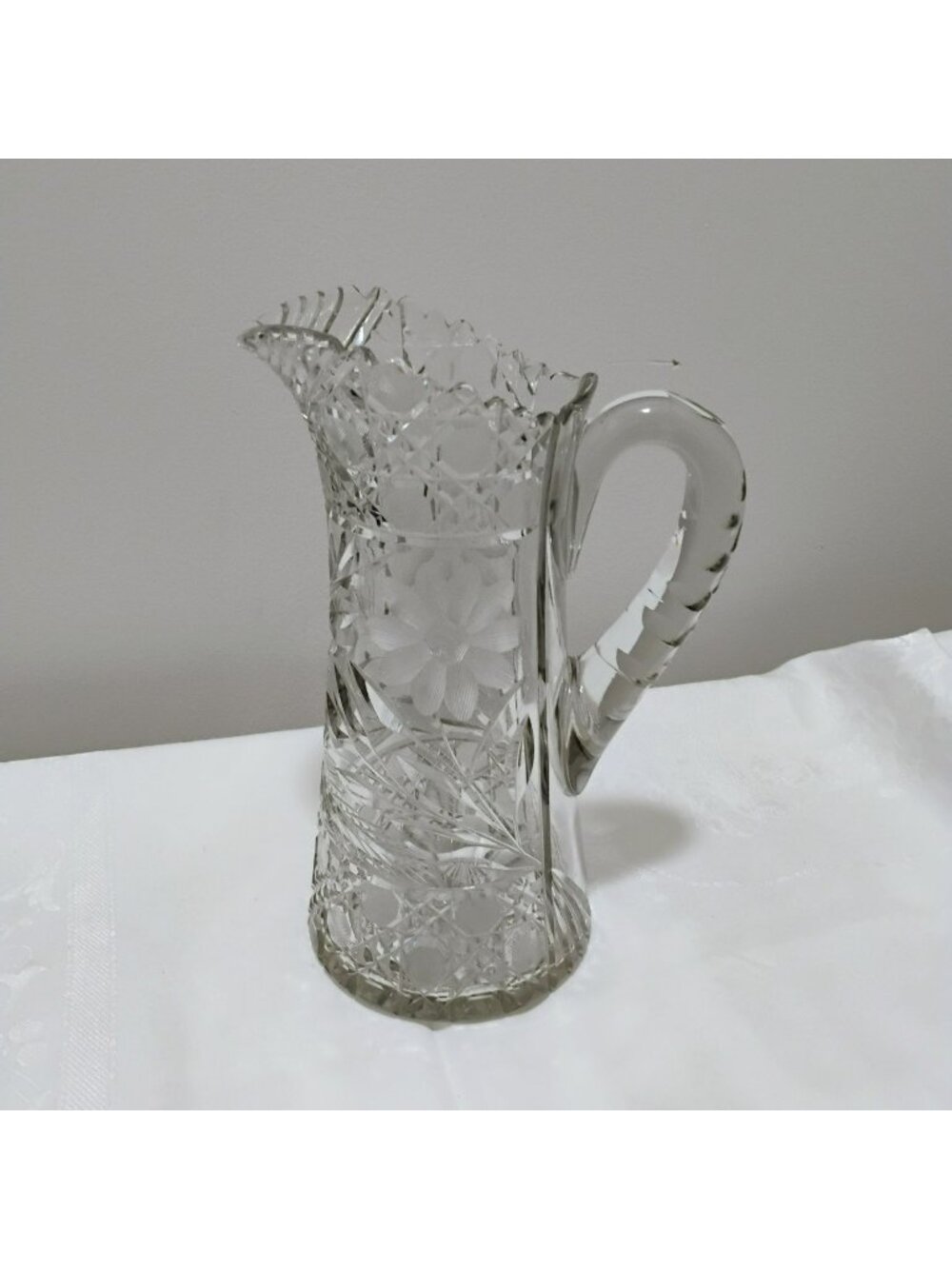 ABP Cut Glass 11" Floral Water Pitcher, Hand-Cut Crystal Flower Geometric Etchin